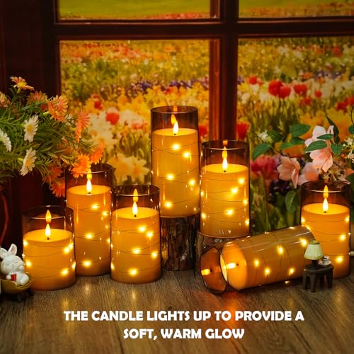 Image of kakoya Flameless LED Candles with Timer 12 Pc Flickering Flameless Candles for Romantic Ambiance and Home Decoration Stable Acrylic Shell,with Embedded Star String,Battery Operated Candles(Grey)