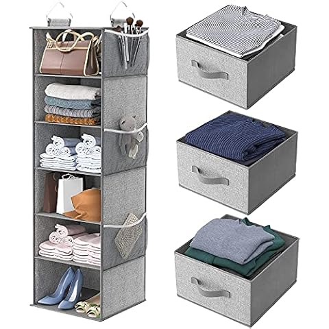6-Shelf Hanging Closet Organizer, Hanging Shelves for Closet with 3 Divisible Drawers & Side Pocket, Linen, 12''W x 12''D x 43.3''H, Grey Cover