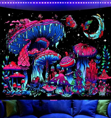 Onivein Blacklight Mushroom Tapestry Glow in the Dark Fantasy Plant Tapestry UV Reactive Moon Butterfly Frog Tapestries Poster Wall Hanging for Bedroom Aesthetic 78.7 x 59.1 Inches