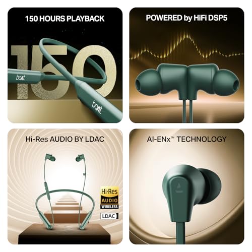 Image of Boat Rockerz Trinity Grande, 150H Battery, Hi Res Audio by LDAC, Dual Pair, ENx Tech, Stream Ad Free Music via App Support, Bluetooth Neckband, Wireless with Mic Earphones (Green)