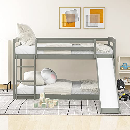 Glorhome Twin-Over-Twin Low Bunk Bed With Slide Ladder & Guardrail For Kids, Teens, Space-Saving, No Box Spring Needed, Grey #TOP2