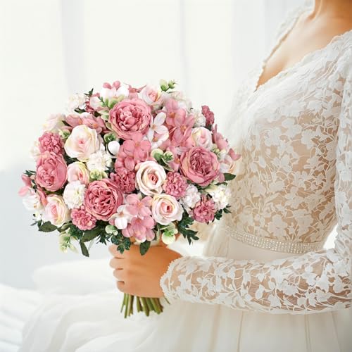2 Bundles Pink Peonies Artificial Flowers Silk Flower Centerpieces for Tables Fake Flower Arrangements Bouquets Mixed Roses Hydrangea with Stems for Wedding Bridal Bouquets Home Ta image 6