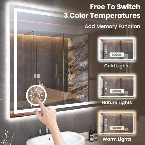 60"X40" LED Bathroom Mirror with Front Lights and Backlit, Anti-Fog, Dimmable, Shatter-Proof Tempered Glass, Lighted Bathroom Vanity Mirror for Wall with 3 Colors, Memory Function