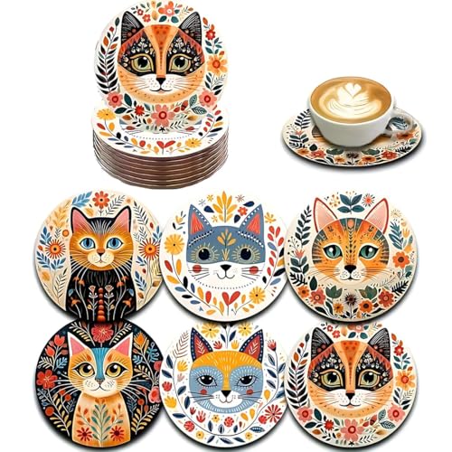 KAHZOR 6 Pezzi Pattern Gattino Dei Cartoni Animati Sottobicchieri Legno, Sottobicchiere Gattino, Regali Tema Gatto, Coaster per Tavolino del Caffè, Decorazione per Cucina e Sala da Pranzo
