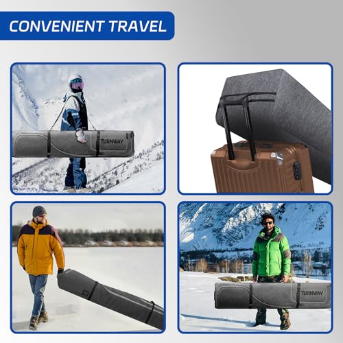 TurnWay Padded Ski Bag with Wheels for Air Travel, Double Rolling Snowboard Bag Heavy Duty Waterproof for Storage & Transportation of Snowboard/Ski Gear (Gray)