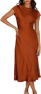Women's Summer Satin Elegance Backless Twist Cap Sleeves Midi Dress 2025 Sexy Cowl Neck Slit Cocktail Wedding Guest Dresses - Buy now
