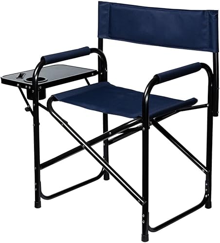 Silla plegable de directores con mesa, color azul marino, cómoda y duradera, capacidad de peso de 250 libras, mesa auxiliar plegable con soporte