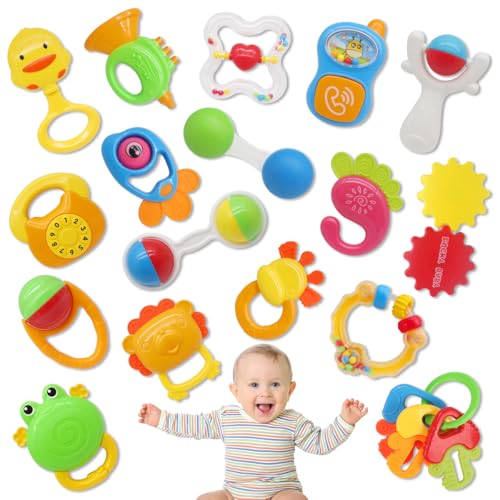 Qizebaby 21PCS Baby Rattles Toys Set, Baby Toys 3-6 Months, Infant Grab and Shake Rattle, Sensory Teether, Music Learning Toys for 3 4 5 6 7 8 9 10 11 12 Month 1 Year Old Toys