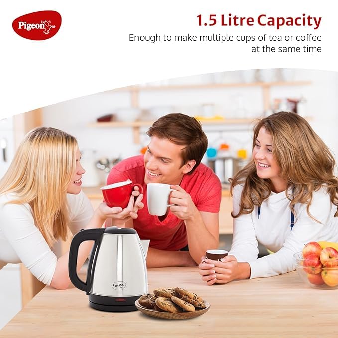 Image of Pigeon Amaze Plus Electric Kettle 1.5 L, 1500 Watts, Stainless Steel Body with Auto Shut-off Special Feature Used for Boiling Water - (Silver)