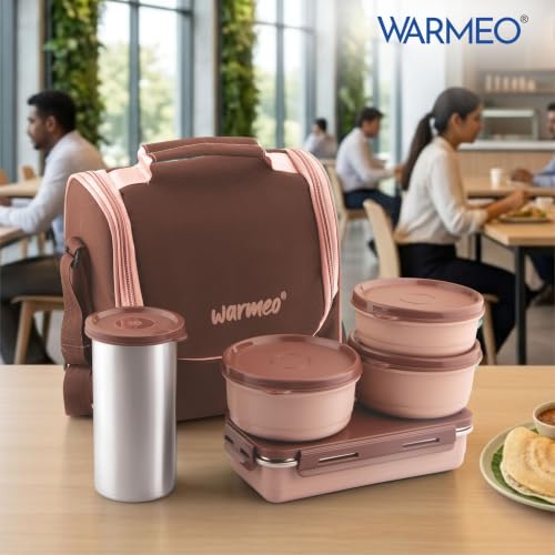 Image of WARMEO Micro Meal Microwave Safe Lunch Box | 1 Rectangular Container 600ml + 2 Round Containers 350ml Each + 1 Round Container 250ml + 1 Steel Tumbler 500ml | Office,School,Picnic,Brown