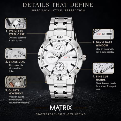 Image of Matrix Superior Analog Watch for Men | Black, Blue, Green & White Dial Stainless Steel Chain Strap Watch | Day & Date Display | Quartz Movement | Stylish Casual & Formal Wrist Watch for Boys & Men