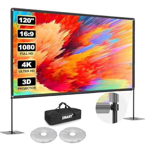Pantalla de Proyector con Soporte de 120 Pulgadas, EMART Projector Screen Portátil 16:9 HD 4K Plegable con Bolsa de Transporte y Base Resistente, para el Jardín, Fiestas y Cine en Casa