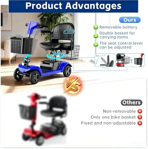 Image of Mobility Scooter,Removable Battery,Suitable for All Terrains-Blue | 28 Miles Travel,300 lbs Capacity,Quick-Assembly, Features Rotating Seat,300W Motor,Dual Baskets and Rear Tail Lights