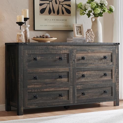 T4TREAM 54" Wide Farmhouse 6-Drawer Dresser for Bedroom, Dark Rustic Oak | Rustic, Wood Storage Cabinet, Metal Handle, Unique Corner Accent, Bedroom, Living Room, Hallway