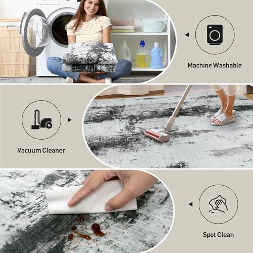 8x10 Area Rugs Washable Rug: Modern Abstract Living Room Rug Soft Anti-Skid Thin Carpet Indoor Floor Non-Shedding Carpets for Bedroom Dining Room Farmhouse Nursery Home Office Black White Grey