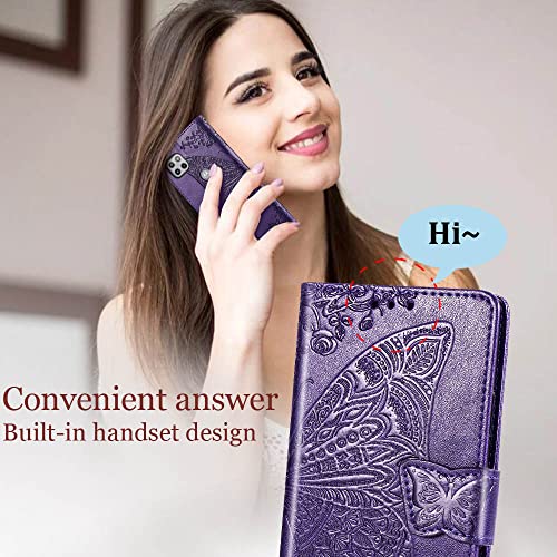 Designed For Motorola One 5G Ace Phone Case,Moto G 5G Wallet Case,Women Butterfly Embossed Pu Leather Kickstand Card Holder Slots Wrist Strap Flip Cover For Motorola Moto One 5G Ace 6.7" (Purple) #TOP5