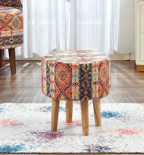 Image of Printed Ottoman Stool Set of 2 Ottoman Pouffes for Sitting Puffy Stools for Living Room, Rajasthani Print