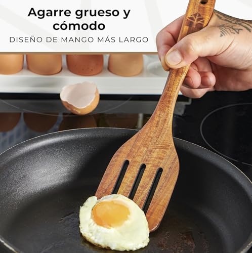 Espátulas Madera Para Cocinar - Juego de 4 Utensilios de Cocina Madera de Teca, incluye Espátula volteadora, ranurada, raspador y para freír. Accesorios Cocina - Duraderos y Antiadherentes - imagen 4