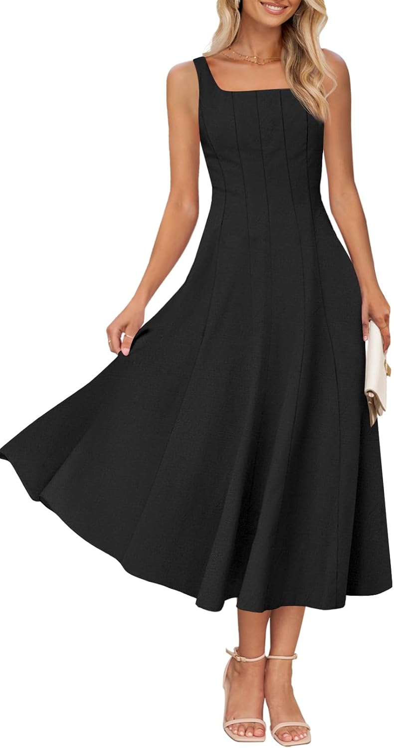 MEROKEETY Women's 2026 Summer Sleeveless Midi Dress Square Neck Smocked Flowy A Line Beach Dresses