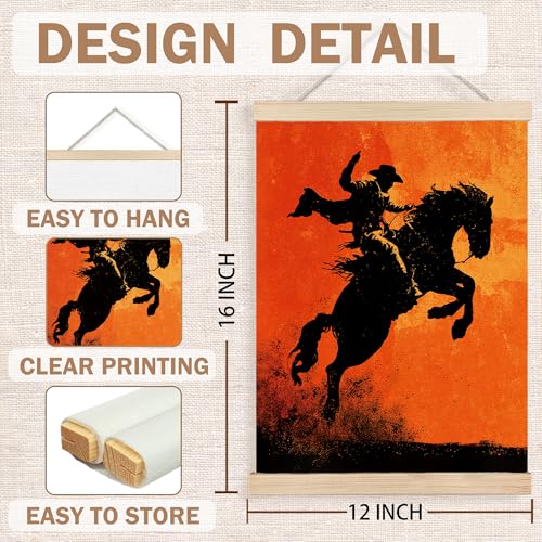 Image of PQKIY Rustic Western Cowboy Wall Art Poster Hanger Frame 12x16 in, Retro Orange Southwestern Desert Sunset Rodeo Horse Cowboy Wall Decor Canvas Prints for Home Room Office Men Cave