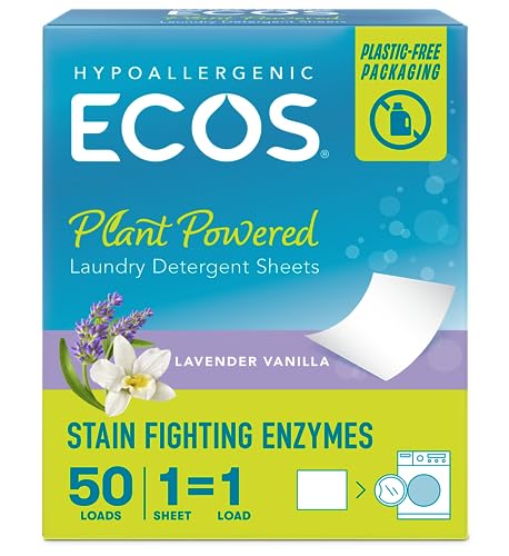 ECOS Laundry Detergent Sheets Vegan, No Plastic Jug, No Mess & Liquid Free - Laundry Sheets in Washer - Hypoallergenic, Plant Powered Laundry Detergent Sheets - Lavender - 50 Sheets (Pack of 1)