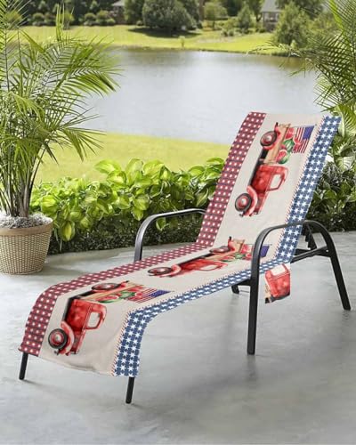 Independence Day Beach Chair Towel Covers for Chaise Lounge With Side Pocket, Soft Plush Pool Towels Cover for Patio Sunbathing Outdoor 29''x85'' Freedom Stripes Stars Patriotic Truck