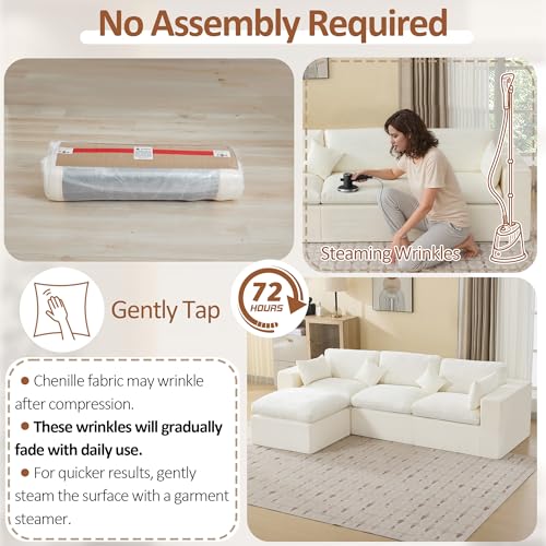 Image of 115''Cloud Boneless Sectional Couch, Modular Sectional Sofa Deep Seat with Ottoman, Oversized Upholstered Convertible Comfy 4 Seater Chenille Sofa L Shape Couches for Living Room, Beige