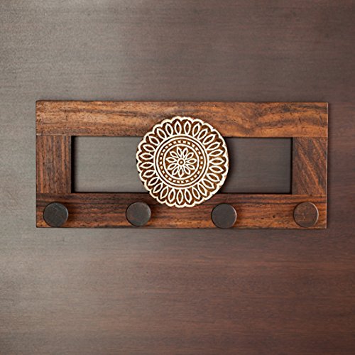 Image of ExclusiveLane 'Floral' Sheesham Wooden Key Holder for Home Decor Stylish (4 Hooks, Hand-Crafted, Brown)| Key Hangers for Wall Key Holder Stand Key Stand for Wall Key Chain Holder