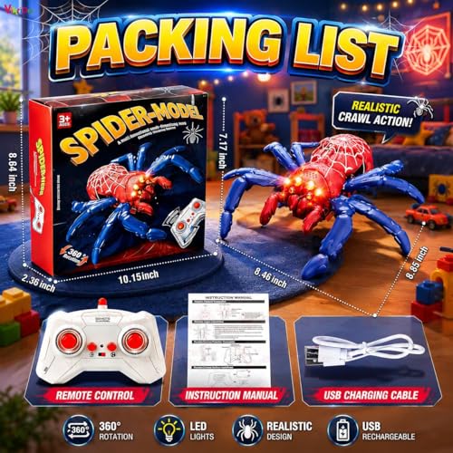 Image of VikriDA Wall Climbing Spider RC Toy with Remote Control, Rechargeable Creepy Crawler Climbs Walls & Ceilings, Glowing Eyes Prank Toy for Kids Boys Girls Birthday Gift (Multicolor)