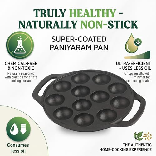 Image of Cast Iron 12 Cavity Paniyaram Pan | Pre-Seasoned Appam Patra, Kuzhi Paniyaram, Appe, Paddu, Ponganal, Litti & Pancake Maker | Naturally Non-Stick | Gas & Induction Compatible | 2 Side Handles