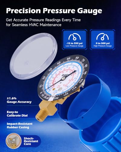 Image of Orion Motor Tech AC Gauge Set with Self Sealing & Puncturing R134A Can Tap, AC Gauges for R134a R12 R22 R502 Refrigerant, Car AC Gauge Set with 5FT Hoses Adapter Adjustable Couplers, Freon Charge Kit
