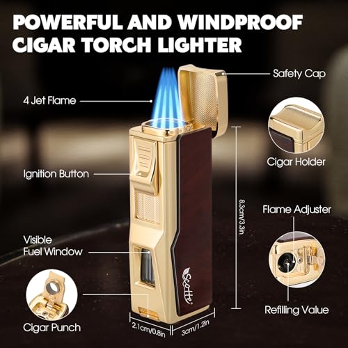 Scotte Cigar Humidor Box, Cigar Lighter Cedar Wood Lined Leather Cigar Case Built in Hygrometer & Humidifier, Torch Lighter with Cigar Holder Cigar Punch Portable Travel Cigar Humidor (Smooth Brown)