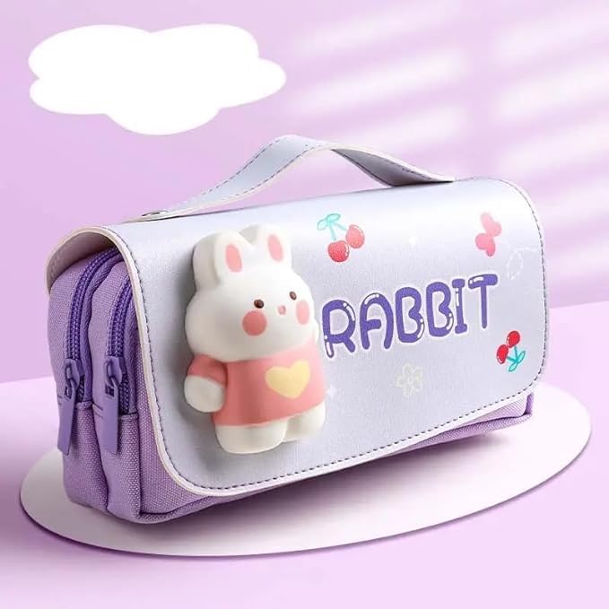 Image of Leather Rabbit Style Pencil Pouch For Girl And Boy, Zipper Pencil Kit Stationary Storage Box, Stationery Organizer Pen Box (Rabbit Style Pencil Pouch) (Multicolor)