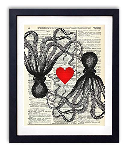 Octopus Love #2 Vintage Dictionary Art Print, Antique Wall Art Home Decor, Modern Boho Poster, Farmhouse Decoration Living Room Bedroom Office 8x10 Inches, Ready To Frame