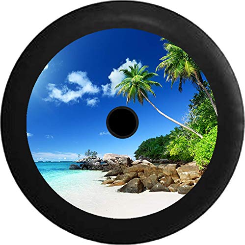 Pike Outdoors JL Series Spare Tire Cover Backup Camera Hole Full Color Caribbean Reaching Palm Trees White Sand Tropical Beach Vacation Black 32 in