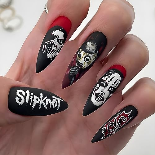 Halloween Press on Nails Medium Almond Tip Acrylic Fake Nails with Mask Man Designs Full Cover Reusable Artificial Coffin Black Nails, Day of the Dead Stick on Nails for Women, Glue on Nails Set