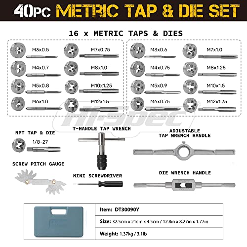 Image of Hi-Spec Tap & Die Set, Metric M3-M12 Threading Kit with Wrench and Gauge | M3-M12 metric range Threading kit with wrench Gauge included for setup