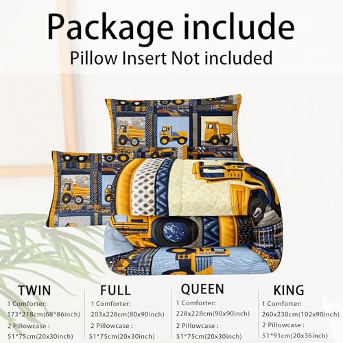 Image of Kids Excavator Comforter Set Twin,Boys Construction Bedding Set,Yellow Vehicles Excavator Tractor Print Bedding Set,Soft Microfiber Cartoon Truck Quilt Set for Room Decor