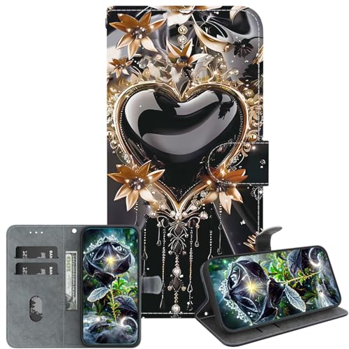 JZ PU Leather Caso per Samsung Galaxy S22 Ultra Wallet Cover,Modello dipinto di tessura di cristallo fatta a mano con Kickstand & Card Holder- Black Gold Love