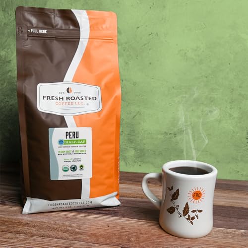 Image of Fresh Roasted Coffee, Organic Peru Water-Processed Half-Caf Drip Ground Coffee, Medium Roast, USDA Organic, 3rd Party Tested for Mold, Mycotoxin & Pesticides, Kosher, 5 lb (80 oz)