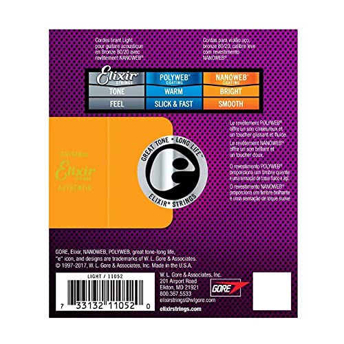 Encordoamento .012 Elixir 11052, para Violão Aço, Light Bronze 80/20 Nanoweb