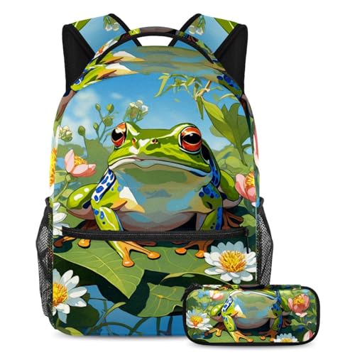 Sac à dos étudiant grenouille fleur avec trousse scolaire rigide multicolore