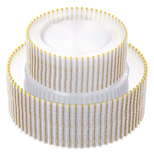 supernal 100pcs Clear Plastic Plates with Gold Beads-Clear and Gold Plastic Plates Disposable Heavy Duty-50 Dinner Plate 10.25inch and 50 Dessert Plate 7.5inch for Wedding Birthday Bridal Showers