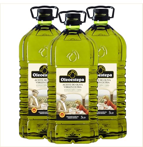 Oleoestepa - Aceite de Oliva Virgen Extra 5L –- Pack 3x5L –- DOP Estepa – Extracción en Frío – Variedades de la Comarca– Producción Sostenible –Frituras, Guisos, Sopas Frías y Escabeches.