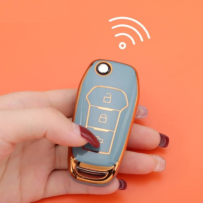 Image of JVCV Gold Border TPU Key Cover Compatible with Ford Endeavour Figo Aspire Freestyle 3 Button Folding Key - Glossy Protective Flip Key Case (Grey)