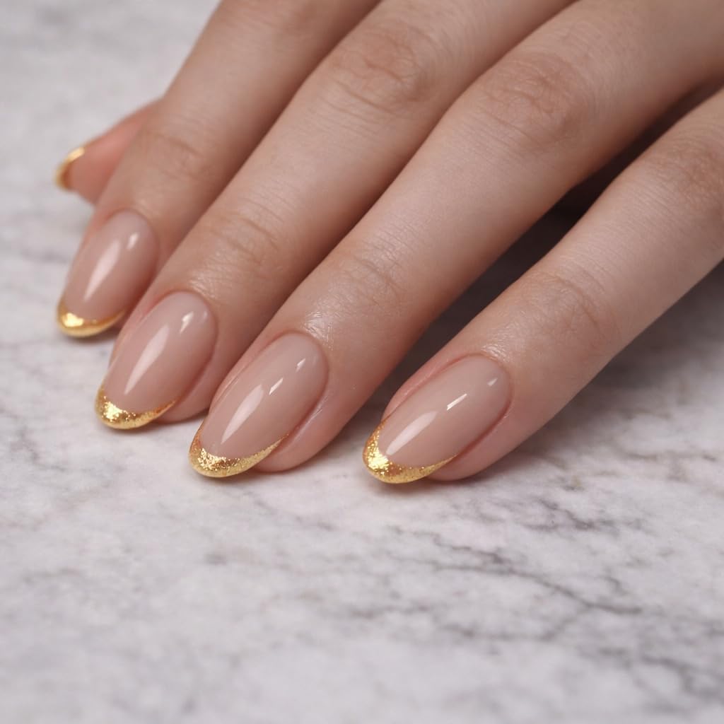 Press On Nails for Women 24 PCS | Nude Gold French Tip Almond Artificial Nails | Glitter Glossy False Nails with Nail Glue, Tabs, Filer, Cuticle Tool & Storage Box-image-14