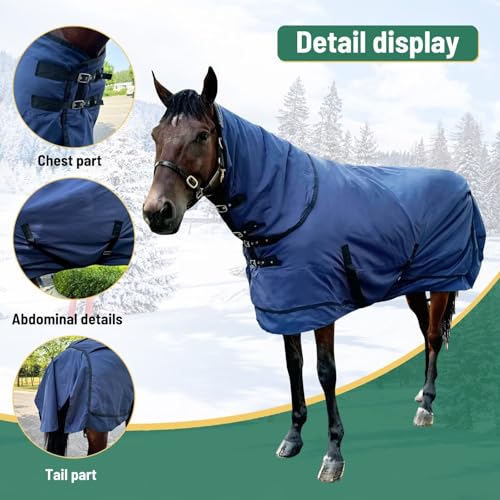 Image of Waterproof Horse Turnout Blanket Horse Winter Blanket Medium Weight Horse Blanket with Detachable Neck Cover Size 78 Navy Blue