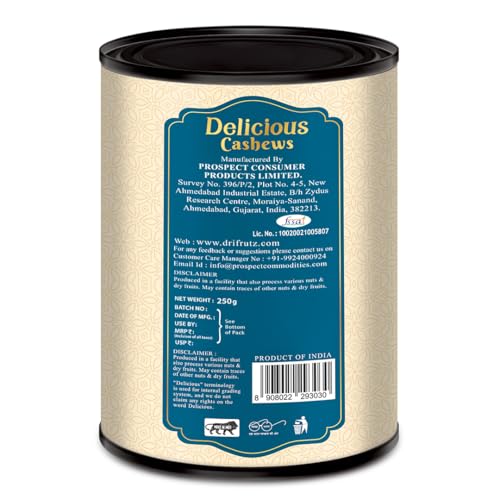 Image of DRIFRUTZ Delicious Cashew W240 | 3000g (250g x 12) Tin Pack | Whole Cashew Kernels | Known for Mild Sweetness, Smooth Texture, and Satisfying Bite in Every Handful