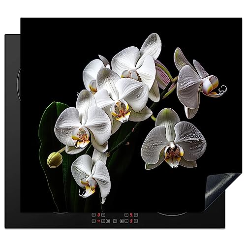 KitchenYeah© Herdabdeckplatte Einteilig Herdabdeckung Abdeckplatte für Ceranfeld Abdeckung Induktionskochfeld Aufrollbare Matte Orchidee - Blumen - Weiß - Natur - Schwarz und Weiß - 60x52 cm