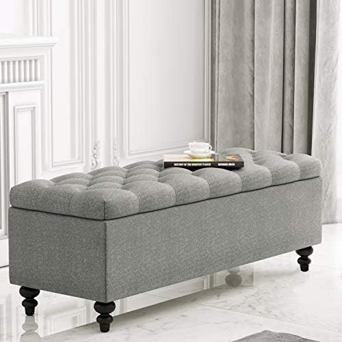HUIMO Ottoman with Storage, 51-inch Storage Ottoman Bench with Button-Tufted, Bedroom Bench Safety Hinge Ottoman in Upholstered Fabrics, Large Storage Bench for Bedroom, Living Room (Grey)